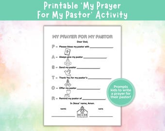 My Prayer For My Pastor Activity, Pastor Appreciation Activity, Kids Prayer Worksheet, Sunday School Craft, Printable Pastor Gift