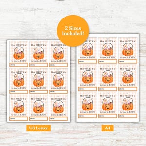 May include: Two sheets of printable gift tags with a pumpkin basket design. Each tag features the text "How SWEET it is to trust in JESUS" and a space for "From". The image includes US Letter and A4 sizes.