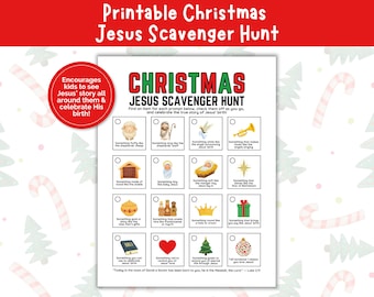 May include: A printable Christmas Jesus Scavenger Hunt game. The white sheet features a red and green title, a list of prompts with illustrations, and a space to check off items. The game encourages children to celebrate Jesus' birth.