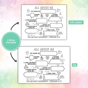May include: Black and white printable "All About Me" worksheet in US Letter and A4 sizes. The worksheet includes prompts to fill in personal information, such as name, age, and what they like about church. Includes the Bible verse Ephesians 2:10.