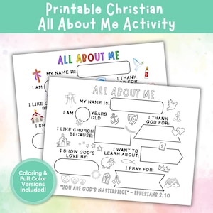 May include: Printable Christian "All About Me" activity sheets. The black and white worksheets feature fill-in sections for personal details, faith-based questions, and coloring elements. Includes the text "You are God's masterpiece - Ephesians 2:10".