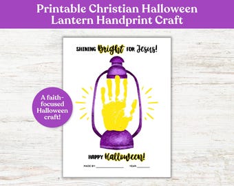 Puede incluir: Manualidad imprimible de Halloween cristiano con huella de mano de linterna. La imagen presenta una linterna morada con una huella de mano amarilla en el interior, irradiando luz amarilla. El texto incluye "SHINING bright FOR Jesus!" y "HAPPY Halloween!" Una manualidad de Halloween centrada en la fe.