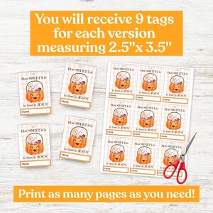 May include: A sheet of printable gift tags with a pumpkin basket design, measuring 2.5" x 3.5". The tags feature the text "How SWEET it is to trust in JESUS" and "FROM". The image also includes the text "Print as many pages as you need!"
