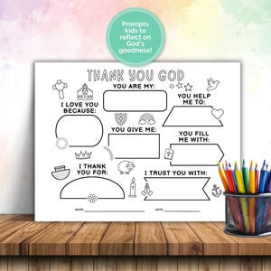 May include: A black and white coloring page with the text "THANK YOU GOD" and prompts for reflection. Includes illustrations of a cross, church, sun, crown, boat, and more. A pencil holder with colored pencils sits to the right.