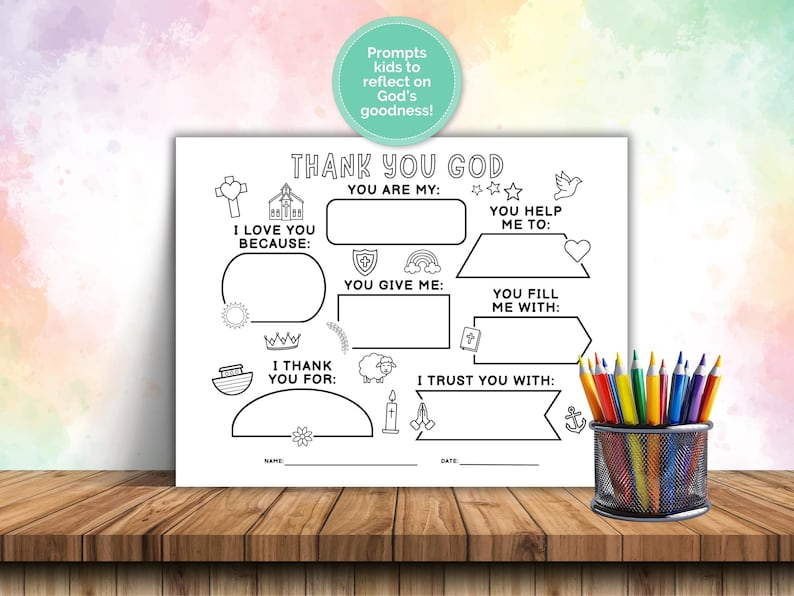 May include: A black and white coloring page with the text "THANK YOU GOD" and prompts for reflection. Includes illustrations of a cross, church, sun, crown, boat, and more. A pencil holder with colored pencils sits to the right.
