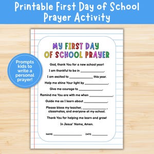 First Day of School Prayer Activity, Back to School Prayer Activity, Student Backpack Blessing Activity, Christian School Printable
