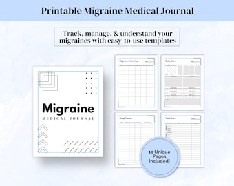 May include: A printable migraine medical journal with a white cover featuring the word "Migraine" in bold black letters. The journal includes templates for tracking migraines, including attack logs, daily diaries, sleep trackers, and food diaries. The journal has 19 unique pages.
