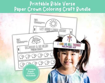 May include: A printable Bible verse paper crown coloring craft bundle featuring black and white templates with designs like a sun, rainbow, and sheep. One crown displays the text I CAN DO ALL THINGS PHILIPPIANS 4:13 with a cross illustration.