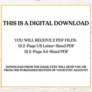 May include: White background with a gold border, featuring text: "THIS IS A DIGITAL DOWNLOAD." The text explains the digital download includes two PDF files: a 2-page US Letter-sized PDF and a 2-page A4-sized PDF.