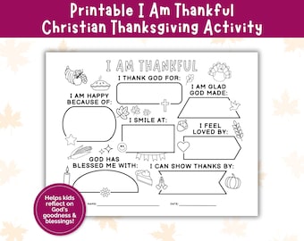 Puede incluir: Hoja de actividades de Acción de Gracias cristiana imprimible en blanco y negro titulada "Estoy Agradecido". La hoja incluye secciones para completar sobre gratitud, con ilustraciones de una cruz, pastel y otros símbolos.
