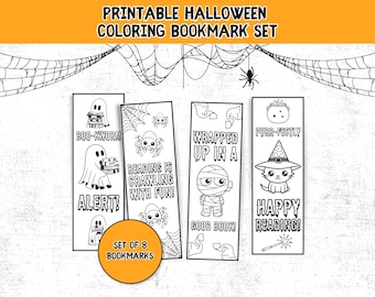May include: A set of eight printable Halloween coloring bookmarks. Each bookmark features a unique design with Halloween-themed illustrations, including ghosts, spiders, and a mummy. The bookmarks have phrases like "Boo-worm" and "Happy Reading!"