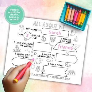 May include: A coloring sheet titled "All About Me" with fill-in-the-blank sections. The sheet includes prompts like "My Name Is: Sarah", "I am 5 years old", and "I thank God for: friends". A teal crayon box and a red crayon are also visible.
