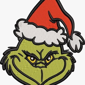 May include: Embroidered patch featuring the Grinch's face wearing a Santa hat. The Grinch is green with yellow eyes, a black outline, and a red and white Santa hat. The patch is likely for clothing or accessories.