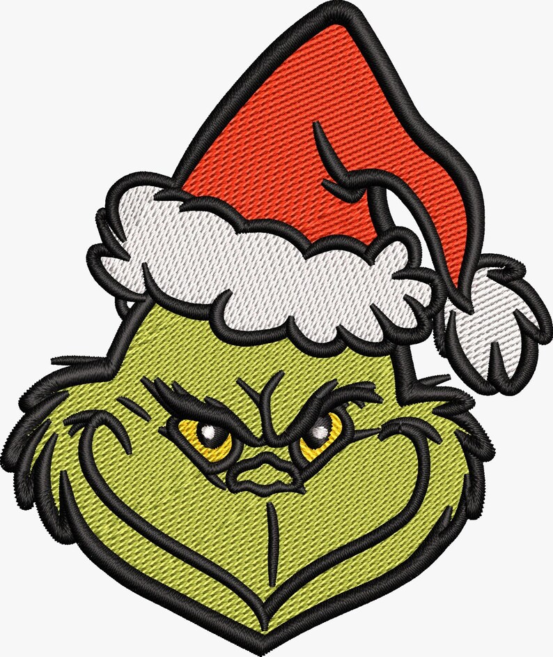 May include: Embroidered patch featuring the Grinch's face wearing a Santa hat. The Grinch is green with yellow eyes, a black outline, and a red and white Santa hat. The patch is likely for clothing or accessories.