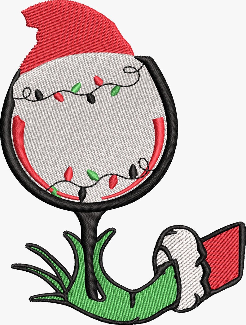 May include: Embroidered Christmas wine glass design. The glass features a red Santa hat, a string of red and green lights, and a green base. The design is on a white background.