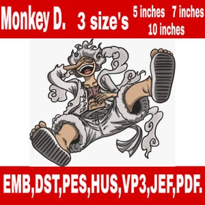 Könnte beinhalten: Ein Stickmuster des Charakters Monkey D. Luffy in lachender Pose mit einer Hand über den Augen und einem ausgestreckten Bein. Der Text umfasst Monkey D., 3 size's, 5 inches, 7 inches, 10 inches und die Formate EMB, DST, PES, HUS, VP3, JEF, PDF.