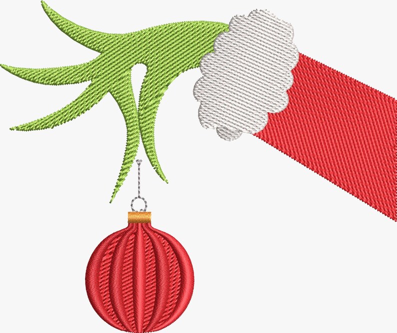 May include: An embroidered design featuring a green hand holding a red Christmas ornament. The hand has a white cuff and is set against a white background. The ornament is round with vertical lines.