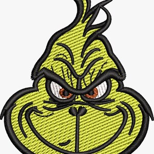 May include: Embroidered design of a green character with a mischievous expression. The character has a yellow face with black outlines, black hair, and red eyes. The design is likely for a holiday-themed item.