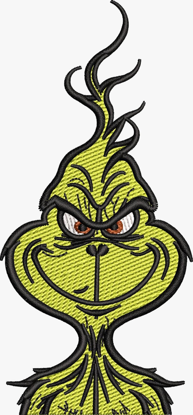 May include: Embroidered design of a green character with a mischievous expression. The character has a yellow face with black outlines, black hair, and red eyes. The design is likely for a holiday-themed item.