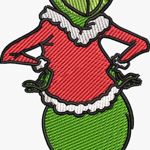 May include: Embroidered image of a green character with a red Santa hat and red top with white trim. The character has a mischievous grin and is a popular holiday figure.