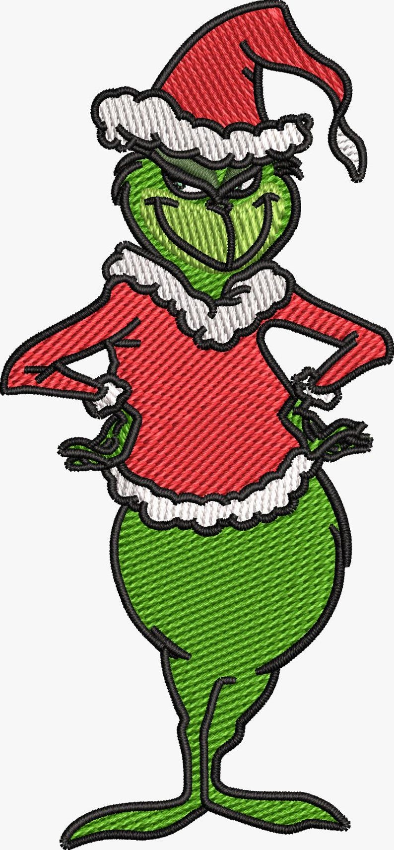 May include: Embroidered image of a green character with a red Santa hat and red top with white trim. The character has a mischievous grin and is a popular holiday figure.