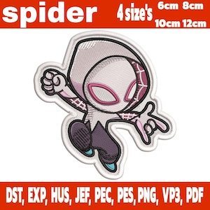 Könnte beinhalten: Gestickter Aufnäher mit Spider-Gwen in dynamischer Pose, mit weißen, rosa und lila Farben und schwarzen Umrissen. Erhältlich in vier Größen: 6cm, 8cm, 10cm und 12cm. Das Wort "spider" steht oben.