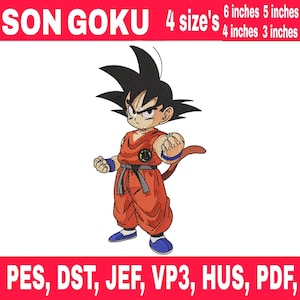 Puede incluir: Un diseño bordado de Son Goku en posición de combate, con un atuendo naranja con cinturón negro y zapatos azules. El texto "SON GOKU" y opciones de tamaño de 7.6 a 15.2 cm se muestran arriba. Opciones de formato de archivo abajo.
