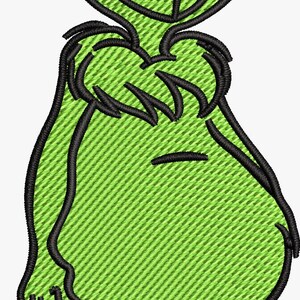 May include: Embroidered design of a green character with black outlines and yellow eyes. The character has a grumpy expression and is a popular holiday figure. The design is on a white background.