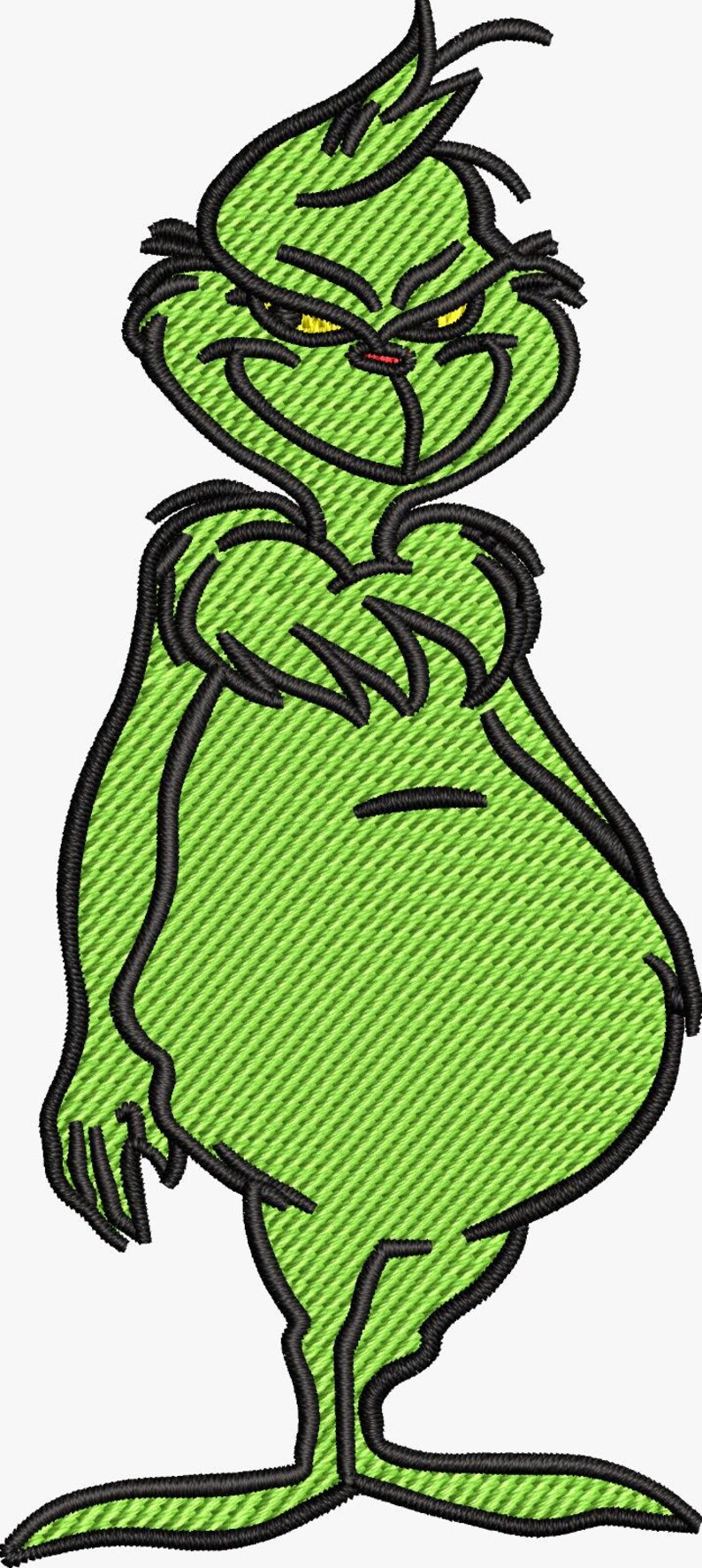 May include: Embroidered design of a green character with black outlines and yellow eyes. The character has a grumpy expression and is a popular holiday figure. The design is on a white background.