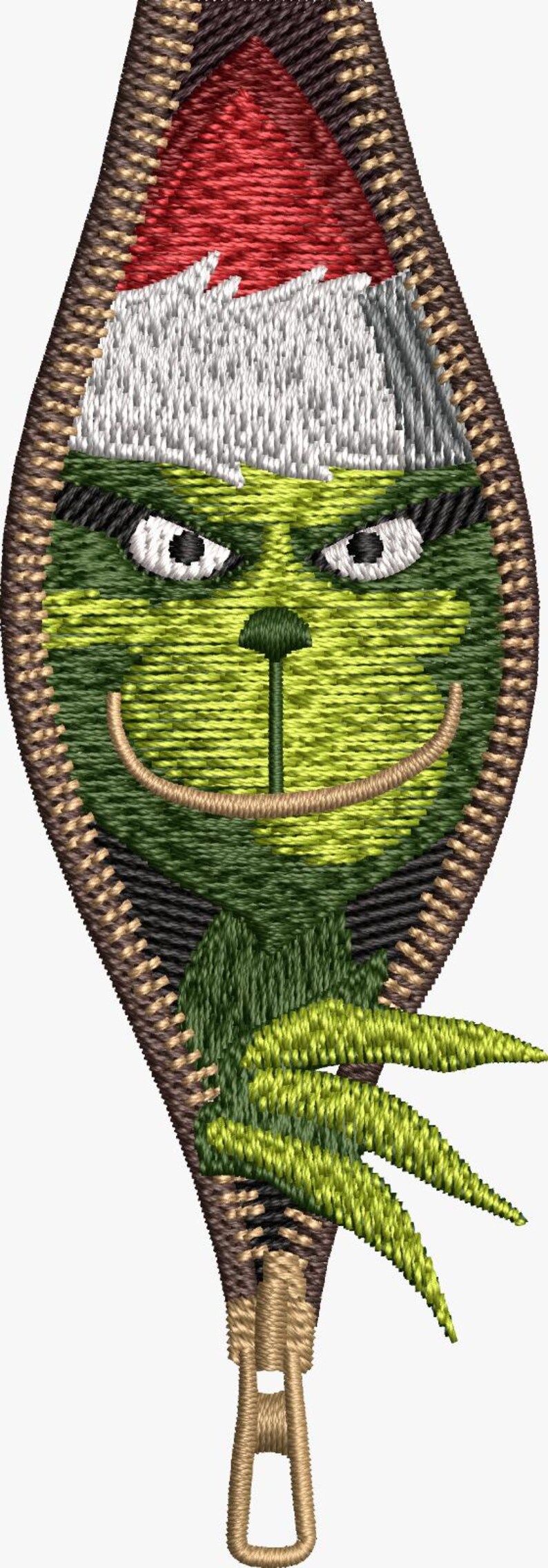 May include: Embroidered patch featuring a green Grinch face with a Santa hat. The design is enclosed in a brown zipper frame. The Grinch has a mischievous expression, with a curved smile and furrowed brow. The patch is suitable for clothing or accessories.