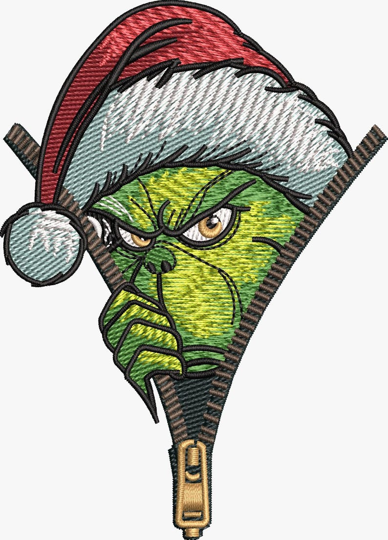 May include: Embroidered design of a green character with an angry expression, wearing a Santa hat. The character's face is framed by a zipper, with the zipper pull at the bottom. The design features shades of green, red, white, and brown.