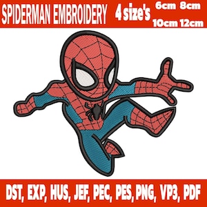 Könnte beinhalten: Gesticktes Spider-Man-Design in Rot, Blau und Schwarz. Das Bild enthält den Text "SPIDERMAN EMBROIDERY 4 size's" und Größenangaben von 6 cm, 8 cm, 10 cm und 12 cm. Das Design ist in den Formaten DST, EXP, HUS, JEF, PEC, PES, PNG, VP3 und PDF erhältlich.
