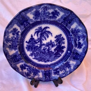 Vintage 1891 Flow Blue Transferware Kyber Pattern Ironstone 9&quot; Dinner Plate W Adams & Company