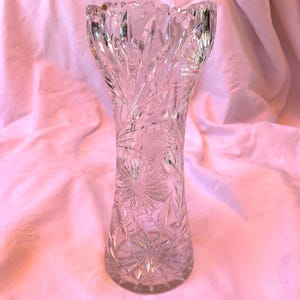 Cut Crystal Vase - American Brilliant Design Sawtooth Rim - Clear Pressed Glass