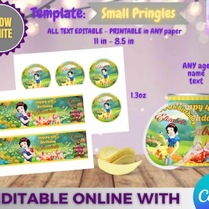 Puede incluir: Una plantilla para una fiesta de cumpleaños con temática de Blancanieves, con diseños editables para botes pequeños de Pringles y etiquetas. El diseño incluye a Blancanieves, los siete enanitos y el texto "Happy 4th Birthday Elizabeth". La plantilla mide 27,9 cm x 21,6 cm.