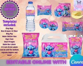 Stitch Birthday Pack- Pack- 8 Labels - Digital Download. Editable in CANVA.