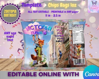 Zootopia Geburtstag Chips Tasche Vorlage, Bearbeiten Sie sich in CANVA. Party-Kit. Online-Vorlage