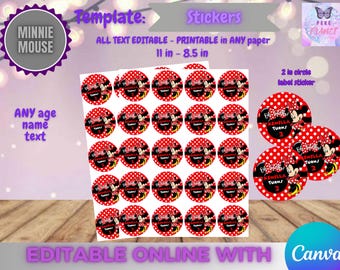 Minnie Mouse Birthday - Stickers 2in Template, EDIT Yourself in CANVA.