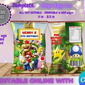 May include: A colorful chip bag template featuring Mario Bros characters. The design includes the text "HENRY'S 8TH BIRTHDAY" and "THANK YOU FOR COMING TO MY PARTY!" The bag is 11 inches by 8.5 inches and editable online.