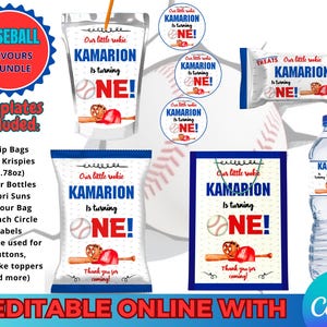 Baseball-Geburtstagspaket – 6 Etiketten – Digitaler Download. In CANVA bearbeitbar.