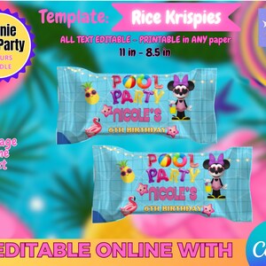 Minnie Mouse Poolparty-Geburtstag – Rice Krispies-Vorlage, BEARBEITEN Sie selbst in CANVA.