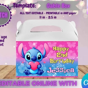 Stitch Birthday - Gable box 6x3.5in template, Edit Yourself in CANVA. Party Kit. Online template