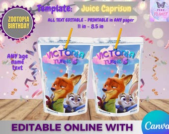 Zootopia Birthday Juice Caprisun template, Edit Yourself in CANVA. Party Kit. Online template