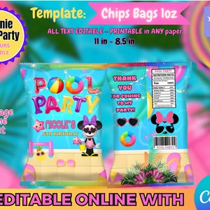 Vorlage für Chipstüten „Minnie Mouse Pool Party“. Bearbeiten Sie sie selbst in CANVA. Party-Set. Online-Vorlage