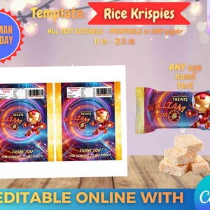 Op de afbeelding: Ironman-thema Rice Krispies traktatie sjabloon voor een verjaardagsfeestje. Het ontwerp bevat een Ironman-afbeelding en de tekst "WILLIAM TURNS 5". De sjabloon is online bewerkbaar met Canva en bevat de tekst "THANK YOU FOR COMING TO MY PARTY!"