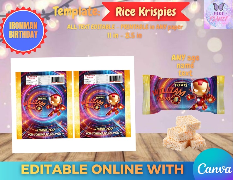 Op de afbeelding: Ironman-thema Rice Krispies traktatie sjabloon voor een verjaardagsfeestje. Het ontwerp bevat een Ironman-afbeelding en de tekst "WILLIAM TURNS 5". De sjabloon is online bewerkbaar met Canva en bevat de tekst "THANK YOU FOR COMING TO MY PARTY!"