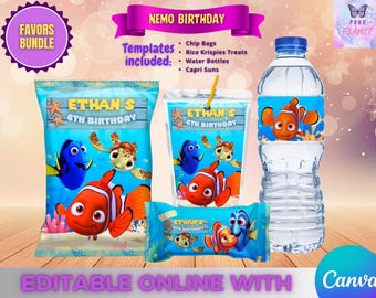 Pack d'anniversaire Nemo - 4 étiquettes - Téléchargement numérique. Modifiable sur CANVA.