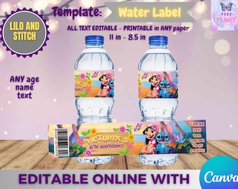 Lilo and Stitch Birthday Water Labels Template, EDIT Yourself in CANVA.