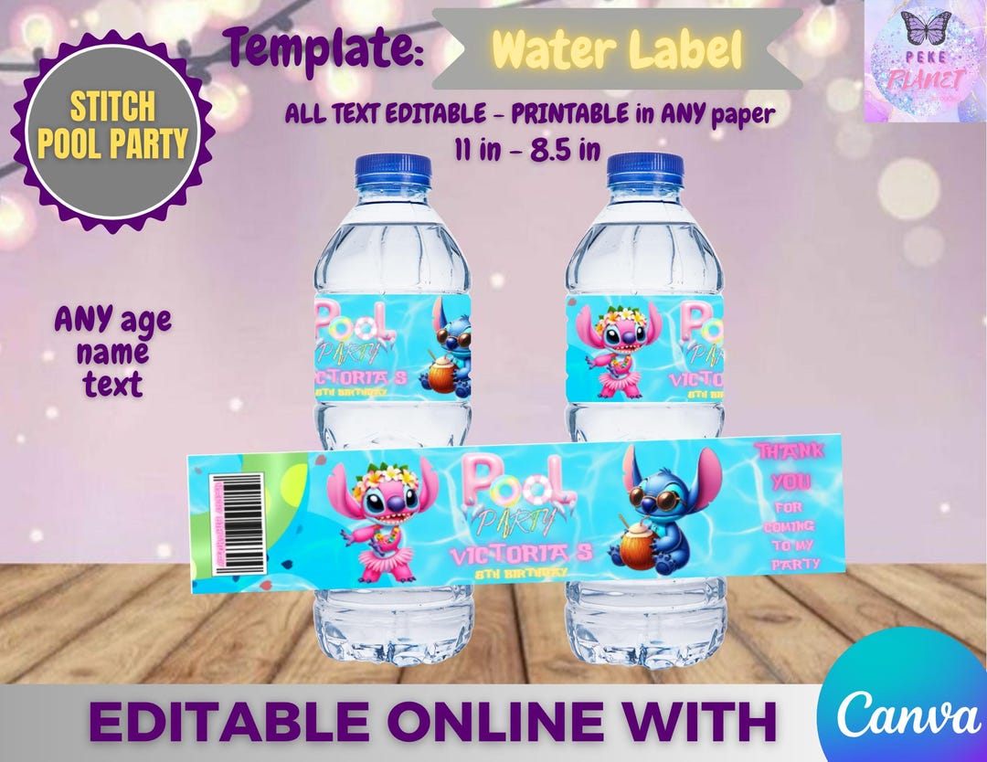 Stitch Pool Party - Water Labels Template, EDIT Yourself in CANVA. - Etsy