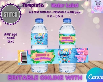 Stitch Birthday Water Labels Template, EDIT Yourself in CANVA.